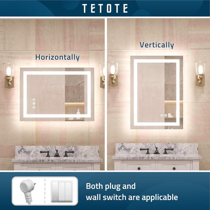 TETOTE LED Bathroom Mirror 20x28 Frontlit & Backlit Lighted Vanity Mirror Anti Fog Stepless Dimmable 3 Colors White/Warm/Natural,Double Lights,Wall-Mounted(Horizontal/Vertical) - PuriLite