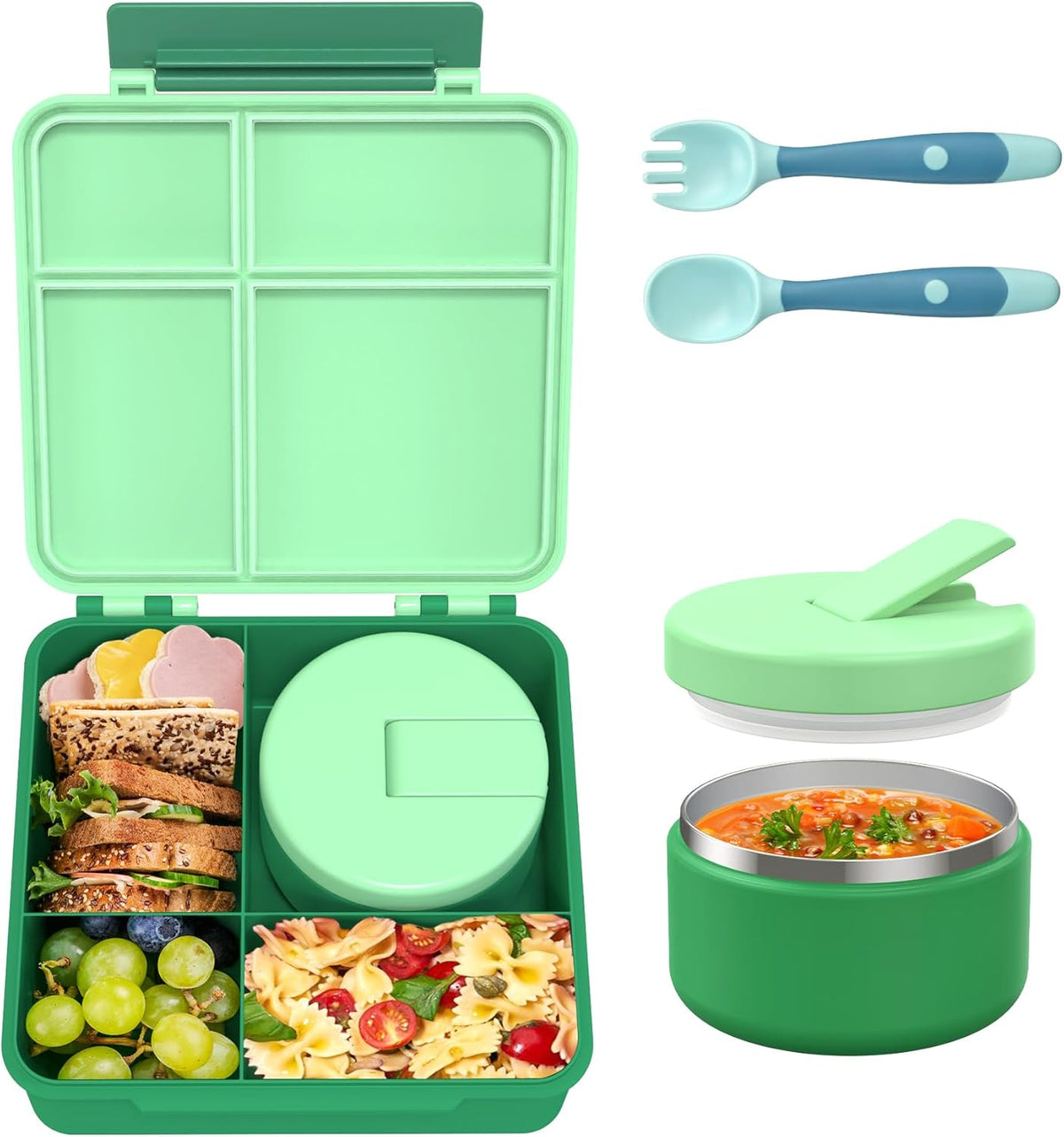 Bento Lunch Box for Kid with 7oz Soup Jar, Leak-Proof Lunch Box with Cutlery, 4-Compartments Lunch Container for School Outdoors Office - PuriLite