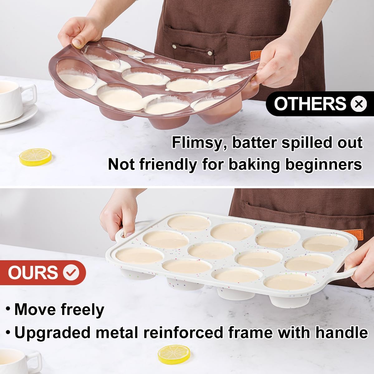 Silicone Muffin Pan, with Metal Reinforced Frame 2.8 Inch Regular Size Silicone Cupcake Pan Nonstick 12 Cups for Baking Homemade Muffins, Cupcakes, Egg Bites 2 Pack Dishwasher Safe BPA Free - PuriLite