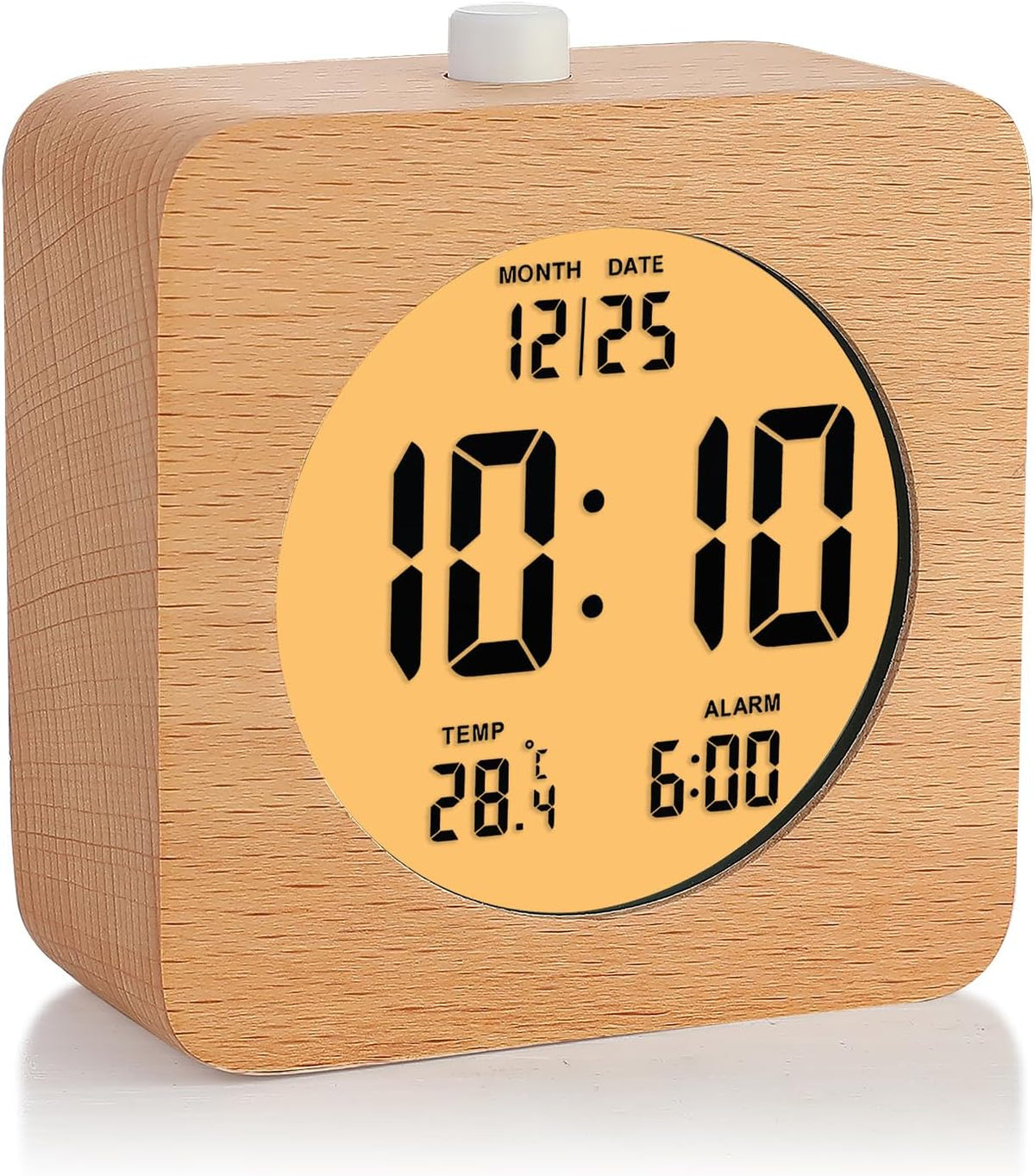 Plumeet Wooden Digital Alarm Clock for Bedrooms, Wood 4'' Battery Powered Alarm Clock with Snooze and Nightlight, Electronic LCD Desk Clock Display Time, Date, Temp, 12/24H, Wood Décor (Sapele, 3.2'') - PuriLite