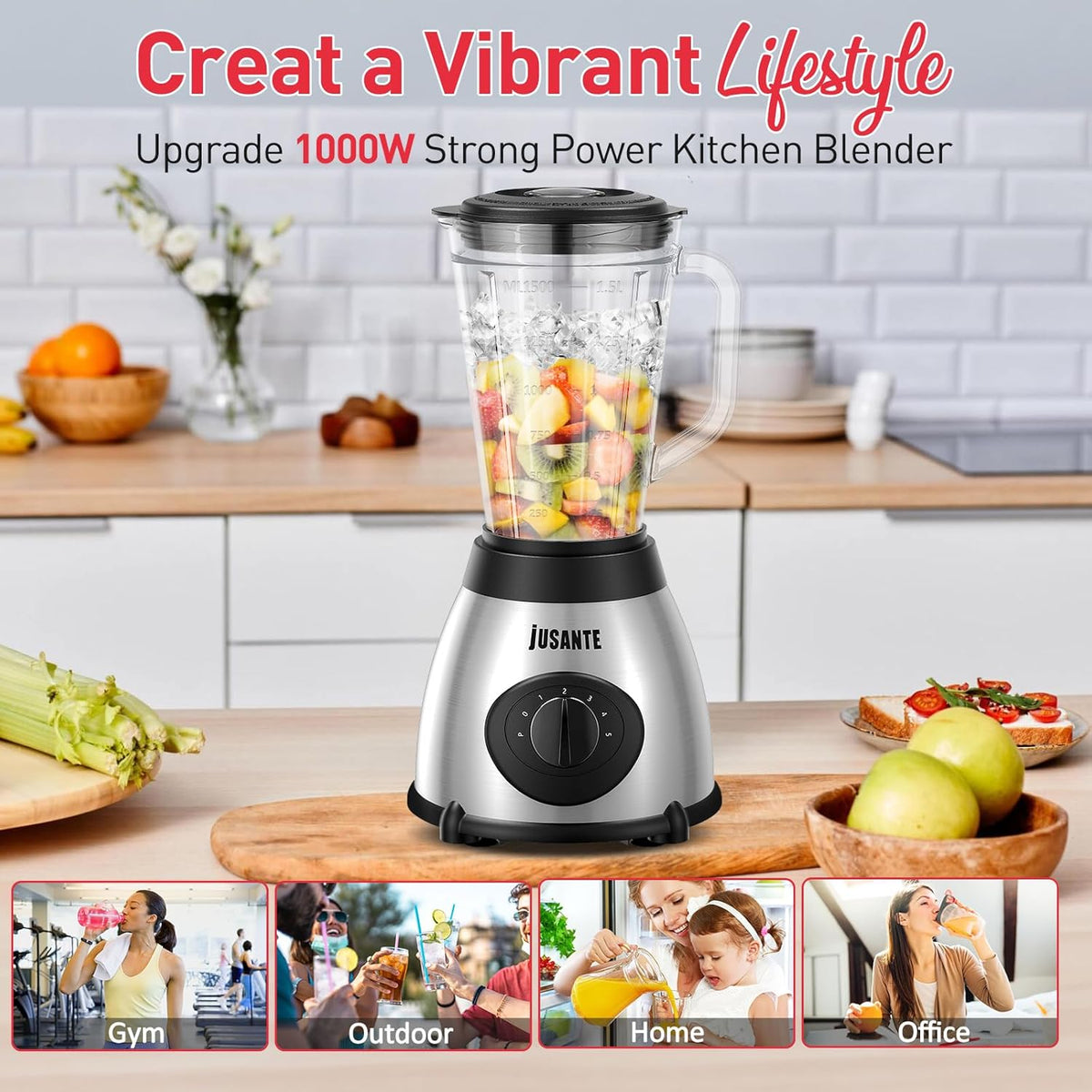 JUSANTE Smoothie Blender, 1000W Professional Kitchen Blender with Glass Jar for Shakes & Smoothies High Speed Countertop Blender for Ice Frozen Drinks - PuriLite