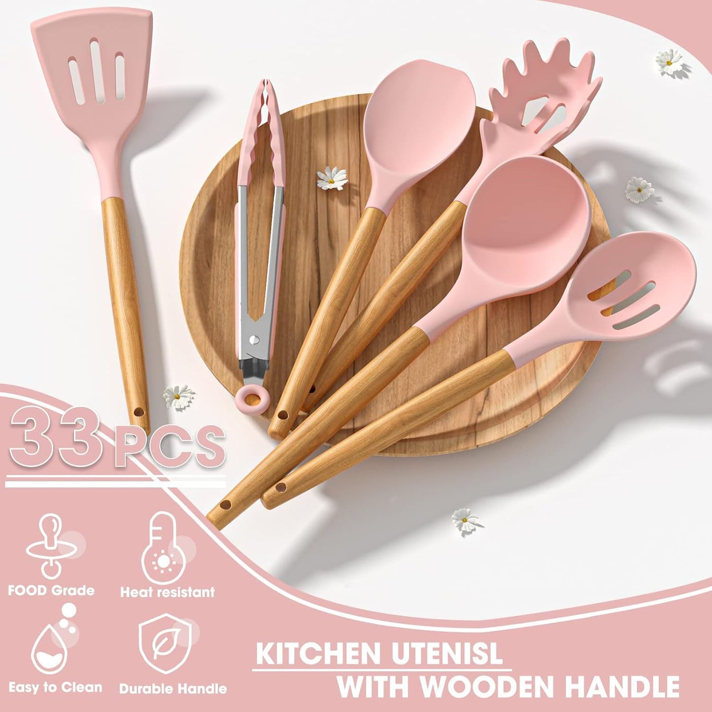 Umite Chef Kitchen Cooking Utensils Set, 33 pcs Non-Stick Silicone Cooking Kitchen Utensils Spatula Set with Holder, Wooden Handle Silicone Kitchen Gadgets Utensil Set (Khaki) - PuriLite