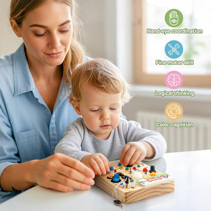 Joyreal Montessori Busy Board Wooden Sensory Toys for Toddler with LED Light Up Switch, Baby Fidget Board Travel Toys for 18+ Months, Boys Girls Birthday - PuriLite