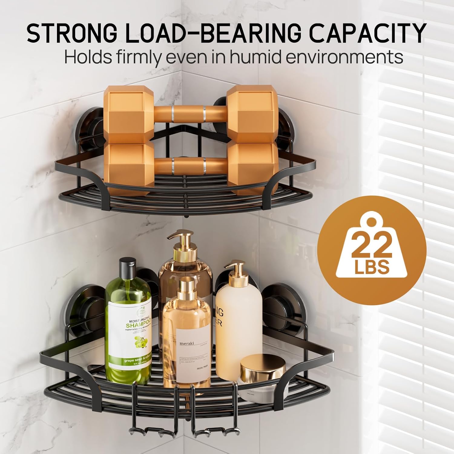 LEVERLOC Shower Caddy Suction Cup, 2 Pack Black Shower Shelf with Hooks and Soap Holder, NO-Drilling Bathroom Organizer, Rustproof Metal Bathroom Storage and Organization - PuriLite