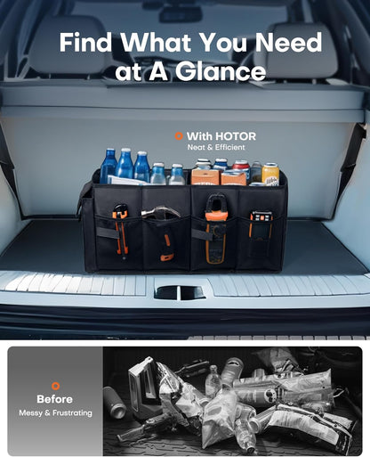 HOTOR Trunk Organizer - Car Organizer, Foldable Trunk organizer for SUVs & Sedans, Car Accessories, Tools, Sundries, 2 Compartments, Black - PuriLite