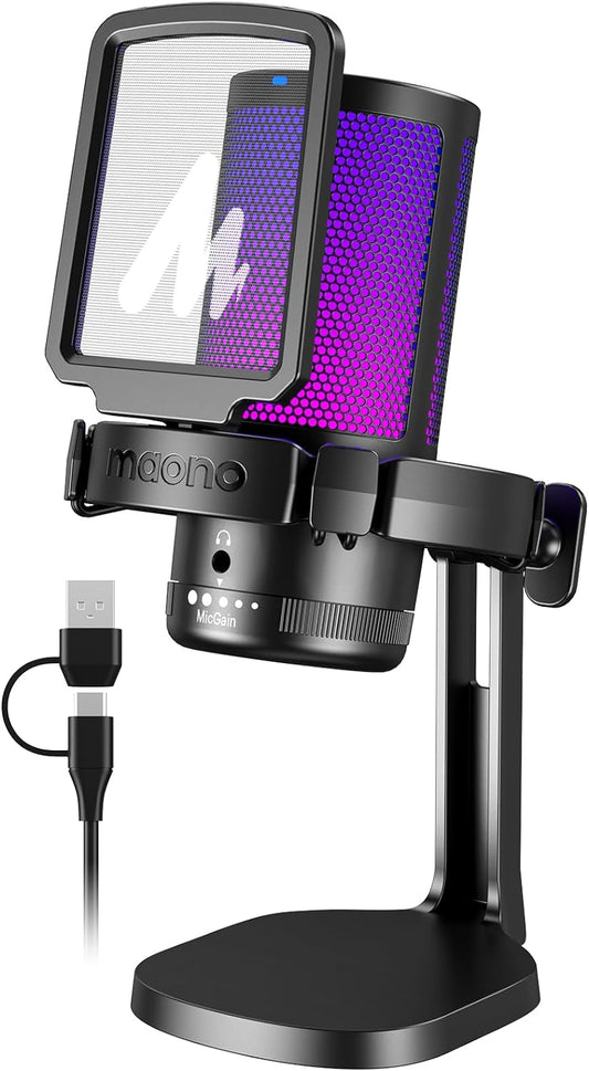 MAONO USB Gaming Microphone | Streaming Microphone | Podcast Microphone | Recording Microphone | RGB USB Microphone | Unidirectional Condenser Mic - PuriLite