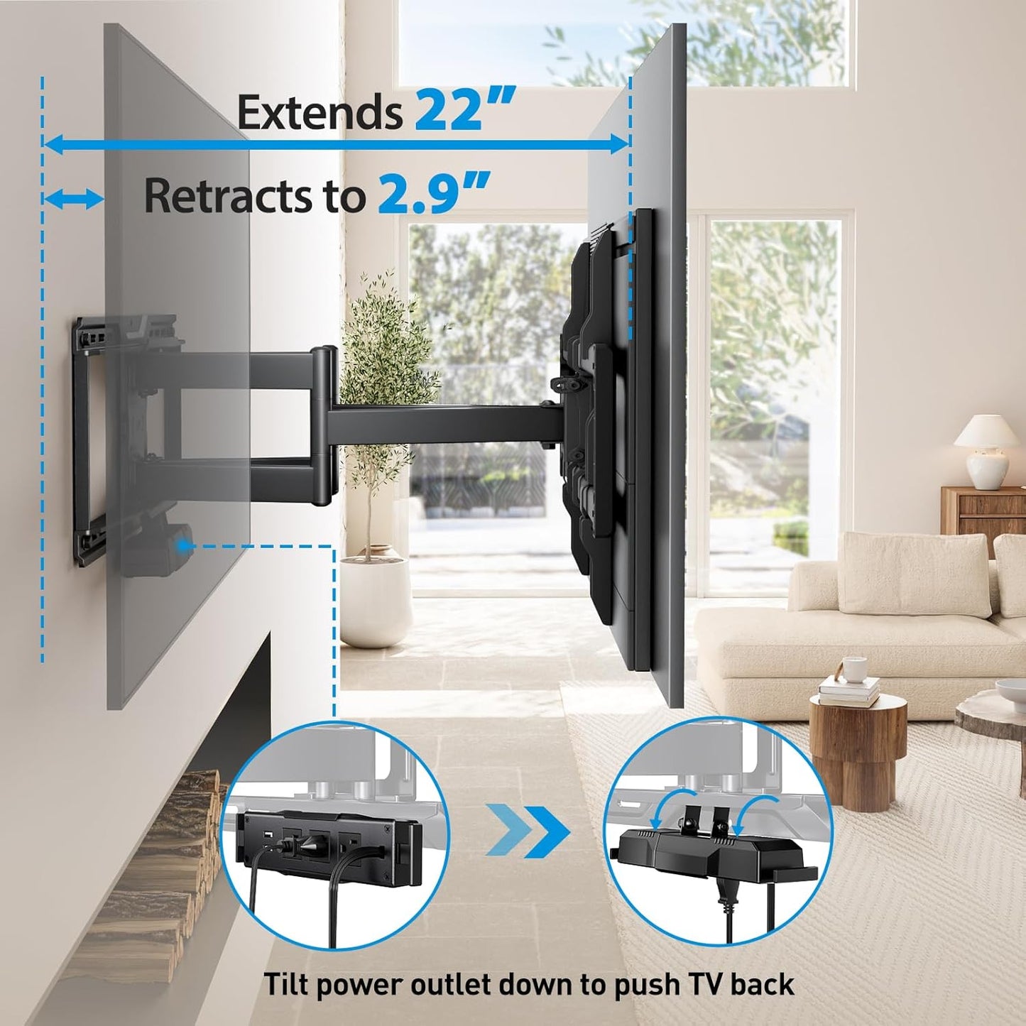 Pipishell Full Motion TV Wall Mount with Power Strip for 42–90 Inch TVs up to 150 lbs, Pre-Assembled TV Mount Has Smooth Swivel, Tilt, Extension, Max VESA 600x400mm, 12“/16”/24” Wood Studs, PILF19 - PuriLite