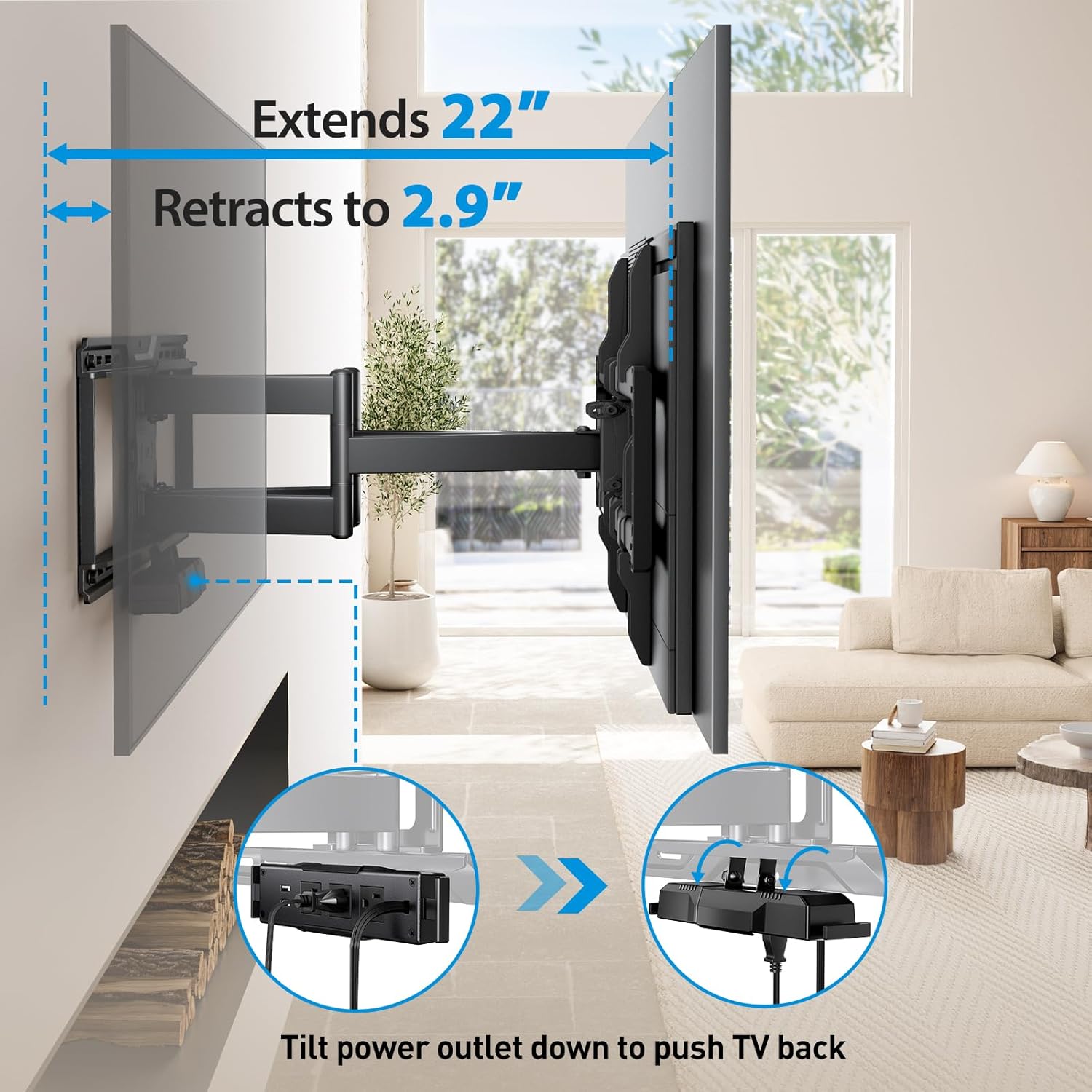 Pipishell Full Motion TV Wall Mount with Power Strip for 42–90 Inch TVs up to 150 lbs, Pre-Assembled TV Mount Has Smooth Swivel, Tilt, Extension, Max VESA 600x400mm, 12“/16”/24” Wood Studs, PILF19 - PuriLite