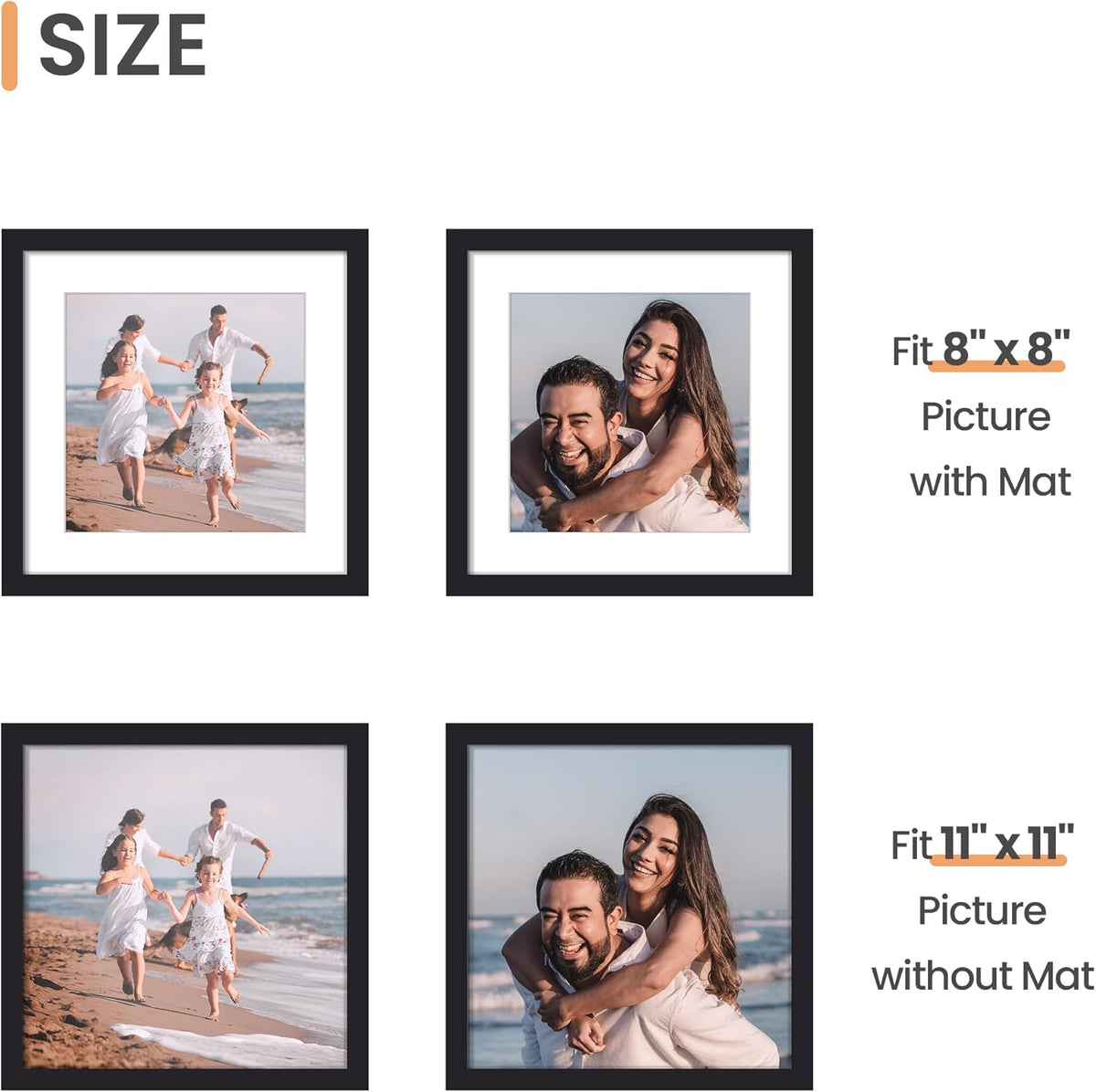 upsimples 11x14 Picture Frame, Display Pictures 8x10 with Mat or 11x14 Without Mat, Wall Hanging Photo Frames, Black - PuriLite