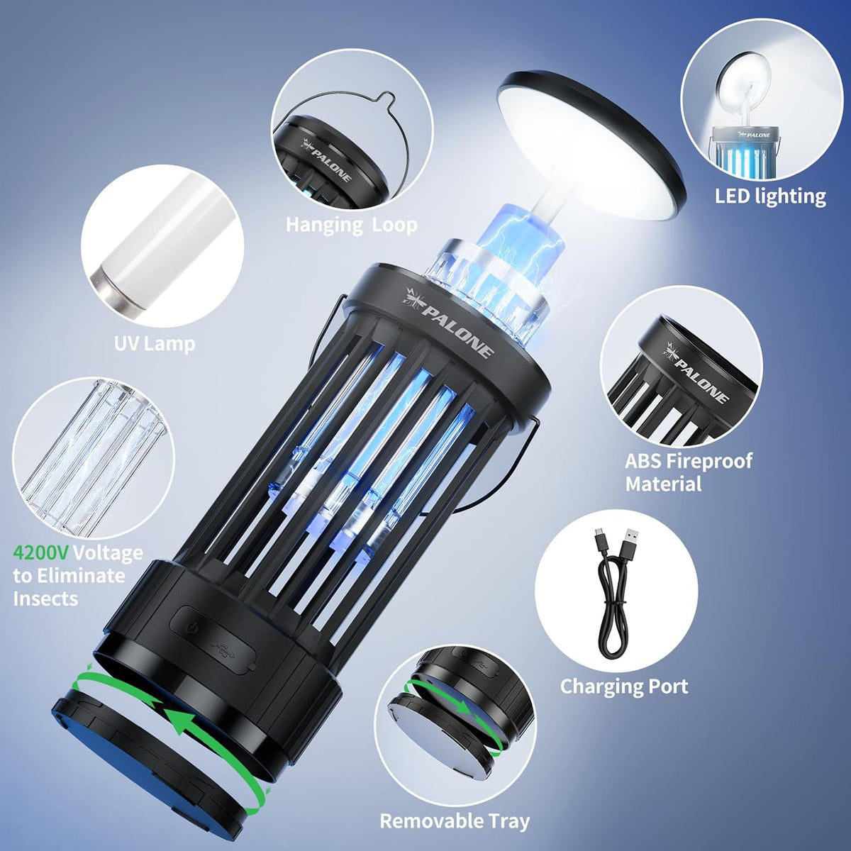 PALONE Bug Zapper, 4000mAh Electric Bug Zapper with LED Light, Retractable Fly Zapper with 3 Levels of Lighting Intensity Used for Indoor Outdoor - PuriLite
