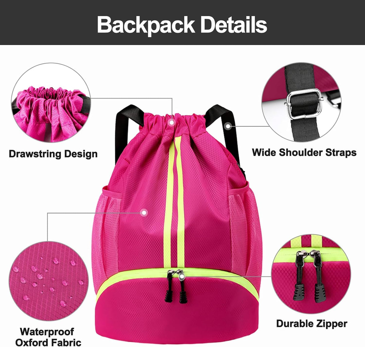 Hoedia Sports Drawstring Backpack - String Swim Gym Bag with Shoes Compartment and Wet Proof Pocket for Women/Men - PuriLite