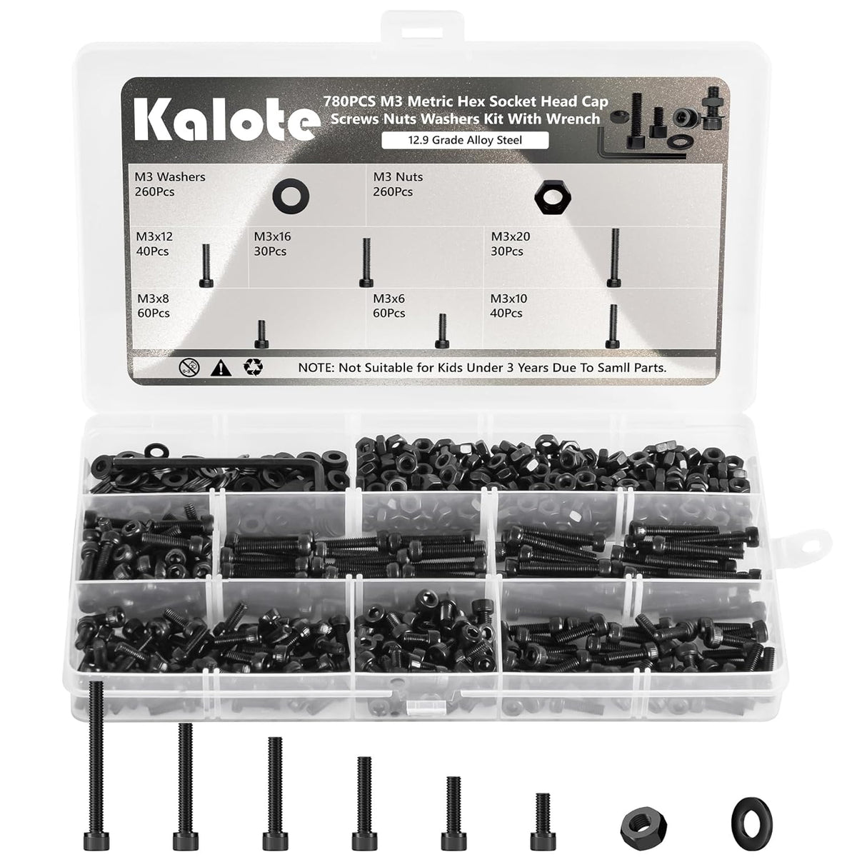 360Pcs M4 Screw Assortment Kit, Bolts Screws Nuts Kit, M4*6/8/12/16/20/30mm Metric Hex Socket Head Cap Bolts, 12.9 Grade Alloy Steel Black Screws with Wrench for 3D Printer, Black Zinc Plated - PuriLite