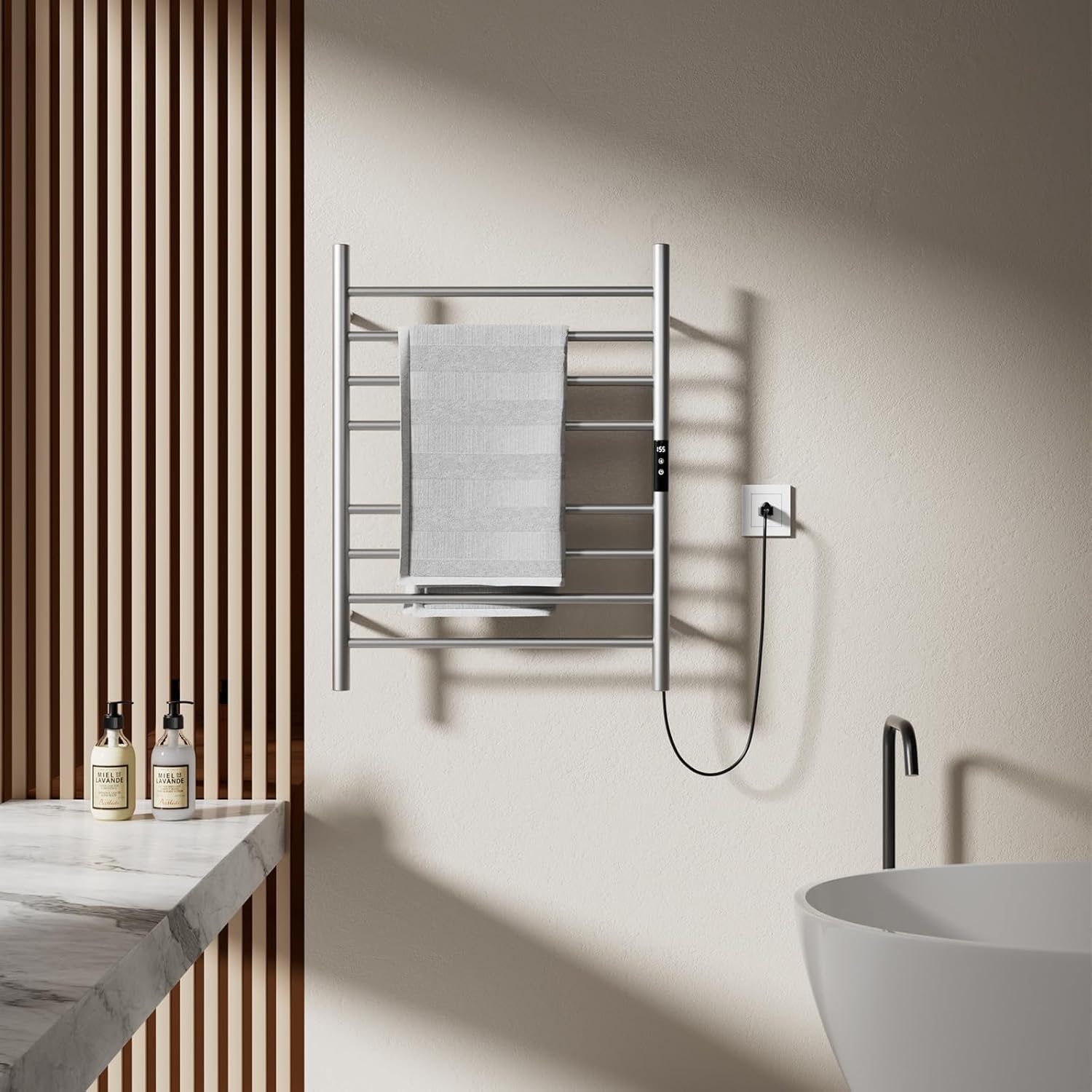 POPFLY Heated Towel Rack, Wall Mounted Electric Hot Towel Warmer, 4-Bar 304 Stainless Steel Small Heated Towel Warmer Rack for Bathroom with Timer and Temperature Control, Brushed - PuriLite