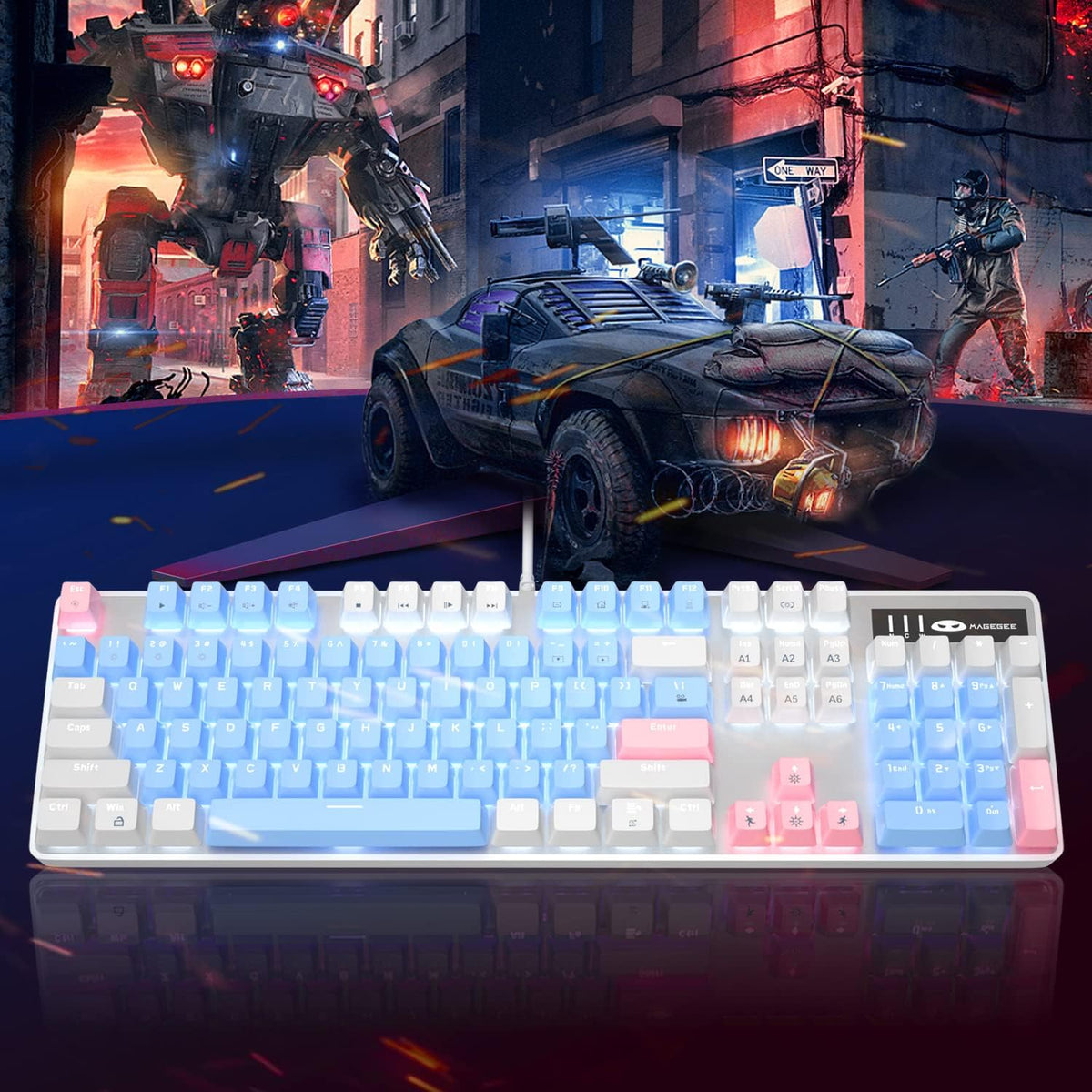 Mechanical Gaming Keyboard, 104 Keys White Backlit Mechanical Keyboards with Red Switches & Double-Shot Keycaps, MageGee Wired Ergonomic Computer Keyboard for Desktop, PC Gamers (White & Blue) - PuriLite