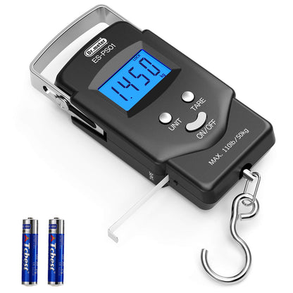 Fish Scale, Dr.meter 110lb/50kg Backlit LCD Display Digital Scale with Built-in Measuring Tape - Electronic Fishing Postal Hanging Hook Scale with 2 AAA Batteries, Pocket Size - PuriLite