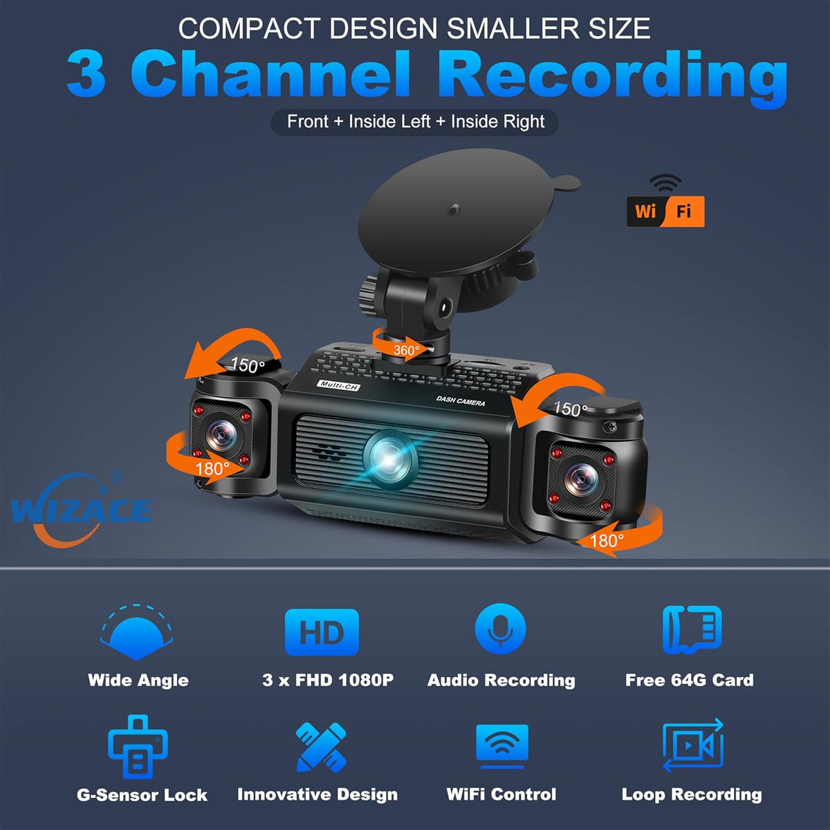 3 Channel Dash Cam WiFi FHD 2K Car Camera with 64GB Card, WIZACE 270° Front Dash Camera Front and Inside Left Right for Cars, Mini Dashcams with Night Vision,Loop Recording,WDR,G-Sensor, APP - PuriLite