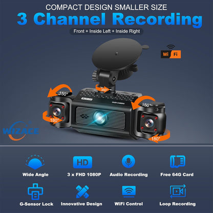 3 Channel Dash Cam WiFi FHD 2K Car Camera with 64GB Card, WIZACE 270° Front Dash Camera Front and Inside Left Right for Cars, Mini Dashcams with Night Vision,Loop Recording,WDR,G-Sensor, APP - PuriLite