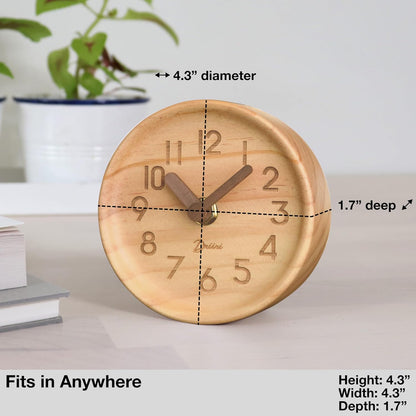 Driini Wooden Desk & Table Analog Clock Made of Genuine Pine (Light) - Battery Operated with Precise Silent Sweep Mechanism - PuriLite
