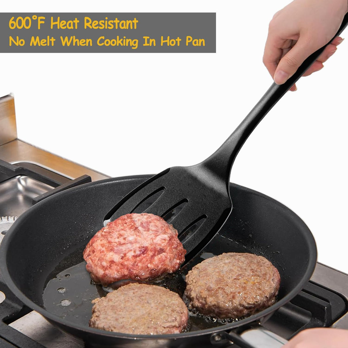 Silicone Spatula Set, 600°F Heat Resistant Silicone Spatula Turner Flipper for Cooking, Non Stick and Non Scratch Kitchen Utensils for Eggs & Pancakes, 4 Pack, Black - PuriLite