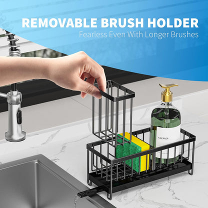 Cisily Sponge Holder for Kitchen Sink, Sink Caddy with High Brush Holder, Organzier Rustproof 304 Stainless Steel Dish Organizer Divider, Soap Dispenser Storage (Black) - PuriLite