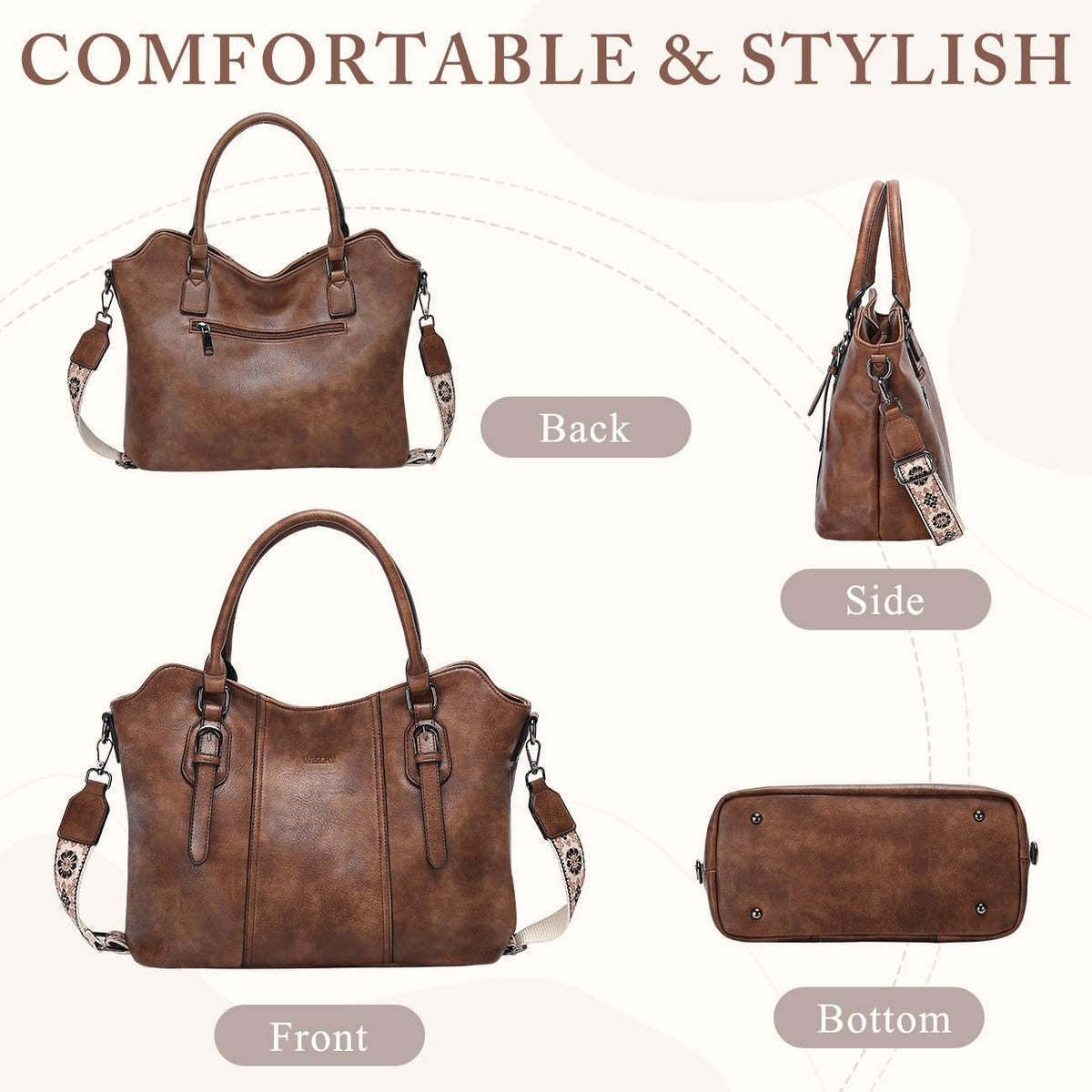 Hobo Bags for Women,VASCHY Vegan Leather Handbag Purse Top Handle Satchel Boho Shoulder Bag with Crossbody Guitar Strap - PuriLite