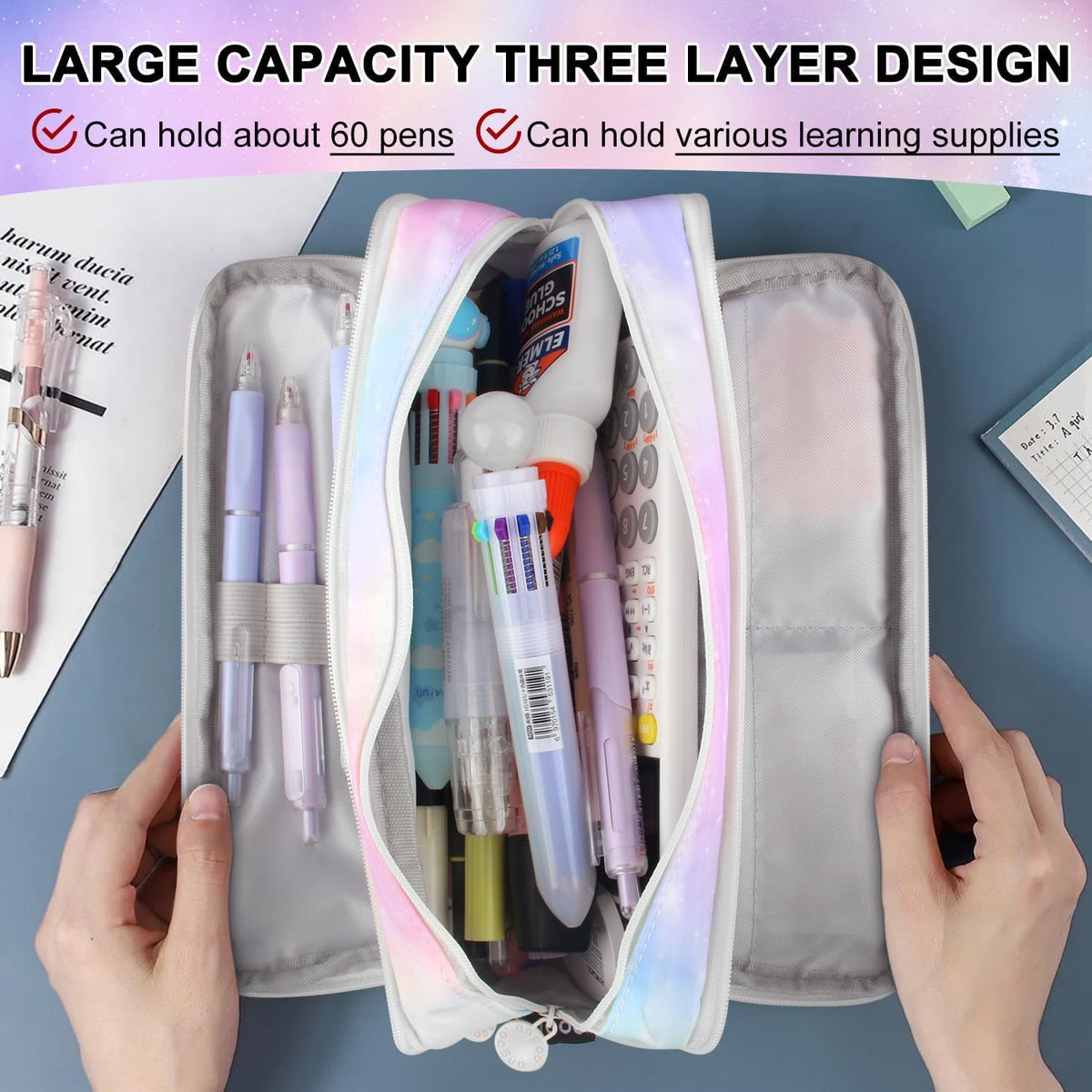 Big Capacity Pencil Case, OLIYuMi 3 Compartment Pencil Pouch Pencil Bag Storage Box Stationery Organizer Makeup Bag with Zipper Closure for Student Office College Boys and Girls (Pink) - PuriLite
