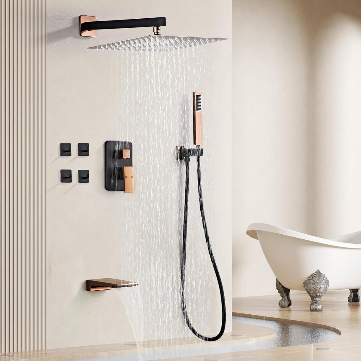 LCEVCGK Shower Faucet Set Complete Matte Black Shower System with 8 inch Square Rainfall Shower Head 3-Function Handheld Shower Waterfall Bathtub Spout Rain Shower Combo Set Bathroom Wall Mounted - PuriLite