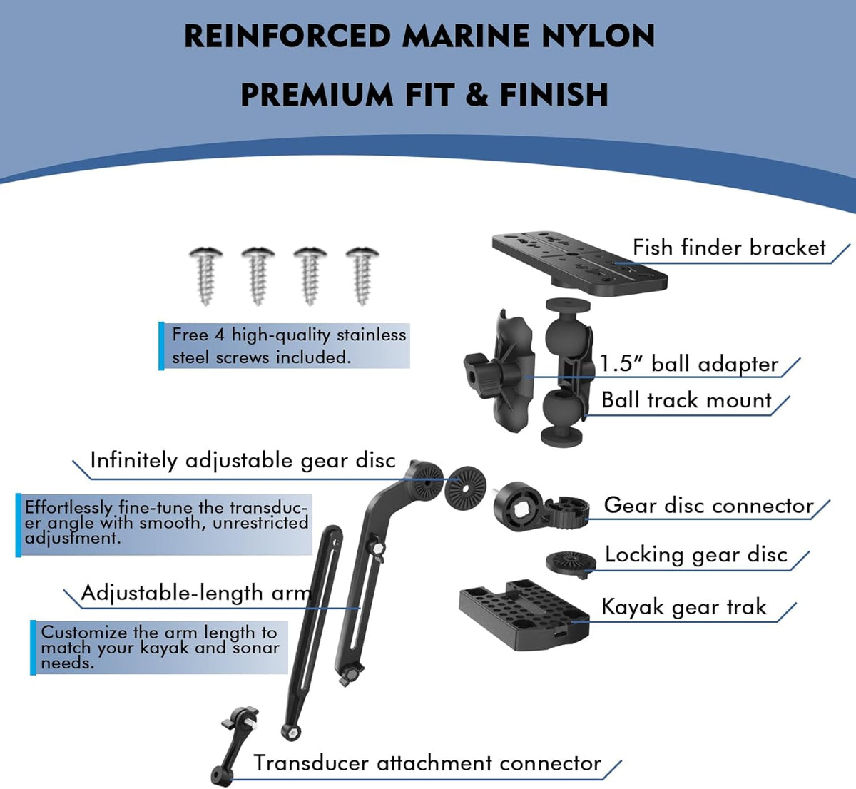 EDSRDPLT Universal Kayak Fish Finder Mount with Transducer Arm Adjustable 9–14” Tool-Free Rail Installation – Fish Finder Bracket for Kayaks, SUPs & Small Boats - PuriLite