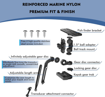 EDSRDPLT Universal Kayak Fish Finder Mount with Transducer Arm Adjustable 9–14” Tool-Free Rail Installation – Fish Finder Bracket for Kayaks, SUPs & Small Boats - PuriLite