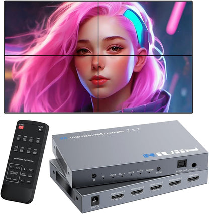 HDMI Video Wall Controller, RIUIIN TV Wall Controller, 4K TV Wall Processor, 180° Rotation, Audio, IR Remote, 2x2,1x2,1x3,1x4,2x1,3x1,4x1, Make 4 tv Screens into Wall Display - PuriLite