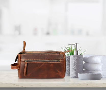 Premium Buffalo Leather Unisex Toiletry Bag Travel Dopp Kit Shaving kit (Distressed Tan) - PuriLite