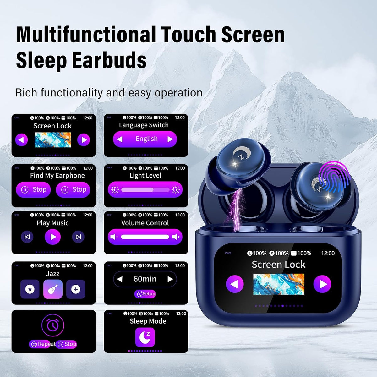 VEKJ Sleep Earbuds, Bluetooth 5.4 Mini Wireless Ear Euds with Multifunctional Touch Screen, 48H Bass Stereo Headphones with Sleep Mode/5 EQ Modes/ENC Noise Cancelling, IPX7 Earphones for iOS Android - PuriLite