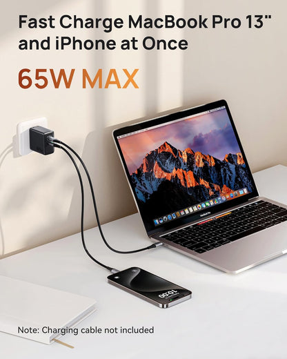 INIU USB C Charger, 65W Fast Charging GaN Wall Charger, 2-Port Compact Foldable PD PPS Charger Block for MacBook Pro/Air, iPad Pro, iPhone 16/15, Galaxy S23, Dell XPS 13, Note 20/10+, Steam Deck - PuriLite