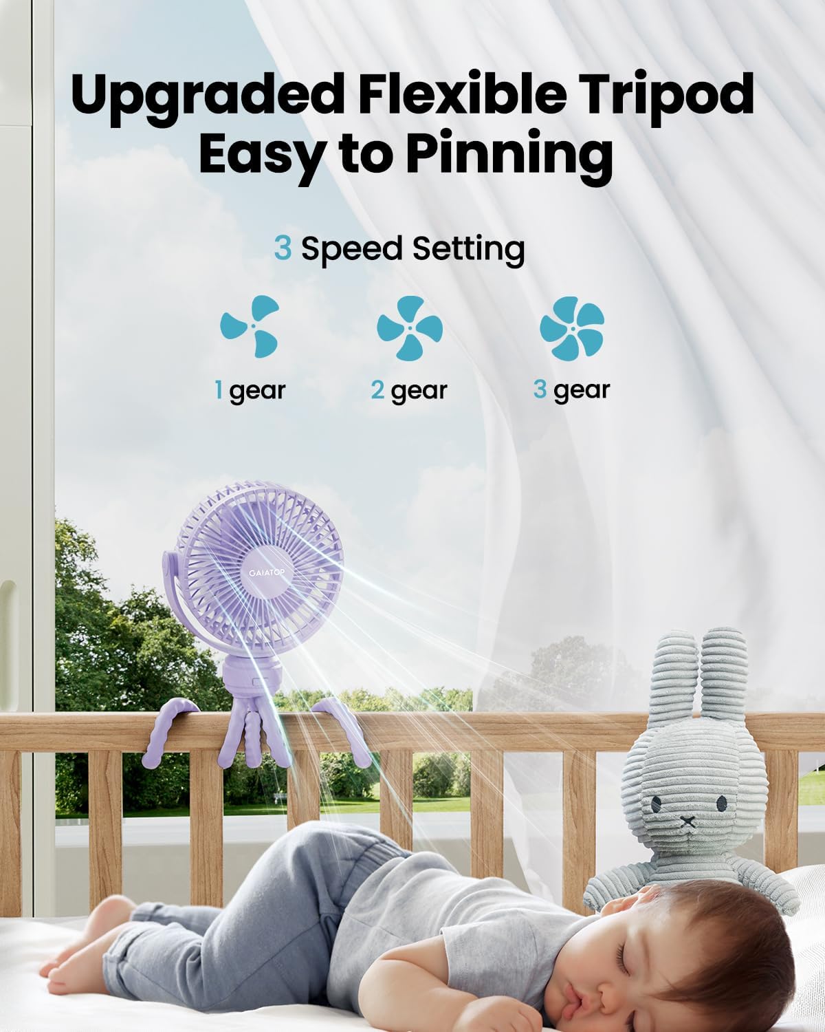 Gaiatop Mini Portable Pram Fan, Rechargeable Small Clip on Fan for Stroller, Detachable 3 Speed 360 Degree Rotate Flexible Tripod Handheld Desk Cooling Car Seat Crib Treadmill Travel Black - PuriLite