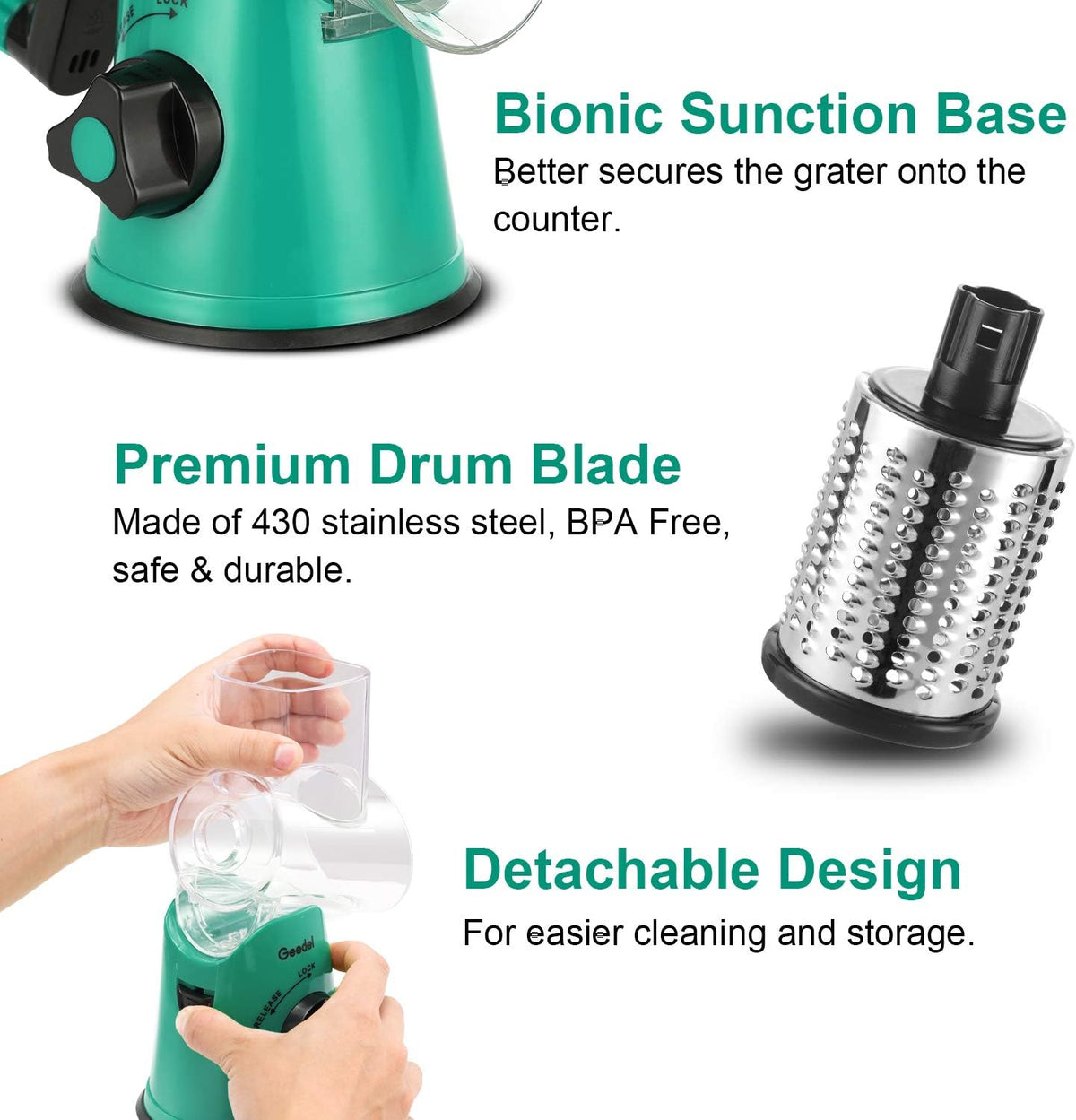 Geedel Kitchen Cheese Grater, Rotary Mandoline Vegetable Slicer with Interchangeable Blades, Easy to Use Rotary Grater Slicer for Fruit, Vegetables, Nuts - PuriLite