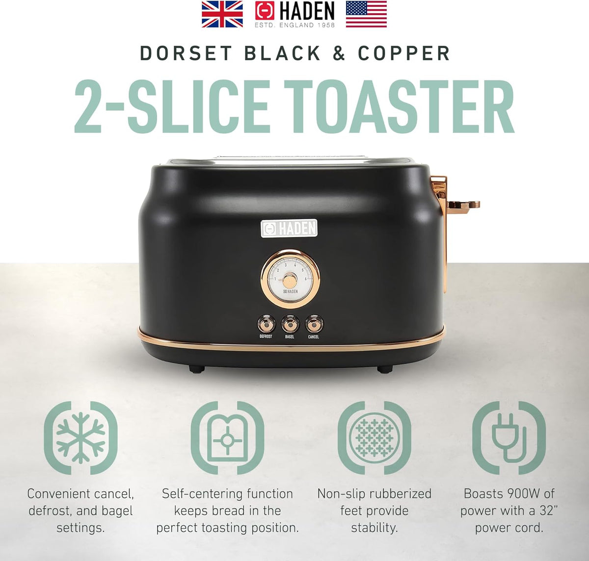 Haden Dorset 75083 Stainless Steel 1500W Retro Toaster 4 Slice Wide Slot w/Removable Crumb Tray and Settings, Black/Copper Toasters w/Adjustable Browning Control, Smart Toaster - PuriLite