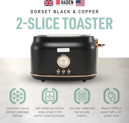 Haden Dorset 75083 Stainless Steel 1500W Retro Toaster 4 Slice Wide Slot w/Removable Crumb Tray and Settings, Black/Copper Toasters w/Adjustable Browning Control, Smart Toaster - PuriLite