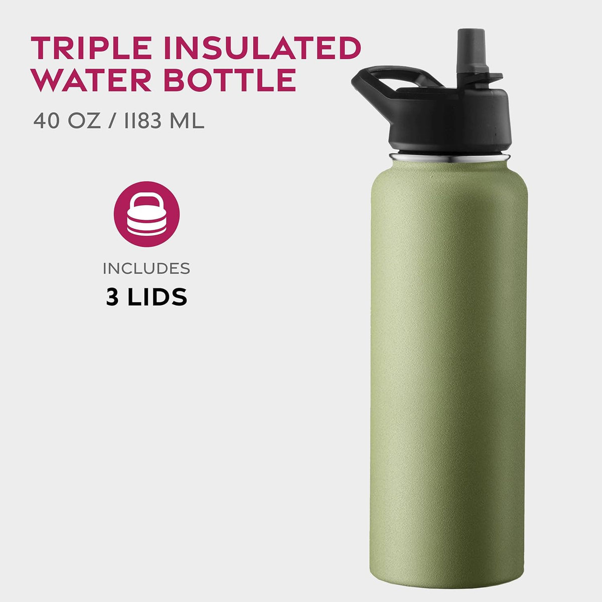 FineDine Water Bottle - Stainless Steel Insulated Water Bottle with Straw Lid, Flip Lid & Wide-Mouth Cap - Keeps Hot and Cold - 25 Oz / 739ml - Pure Pearly White - PuriLite
