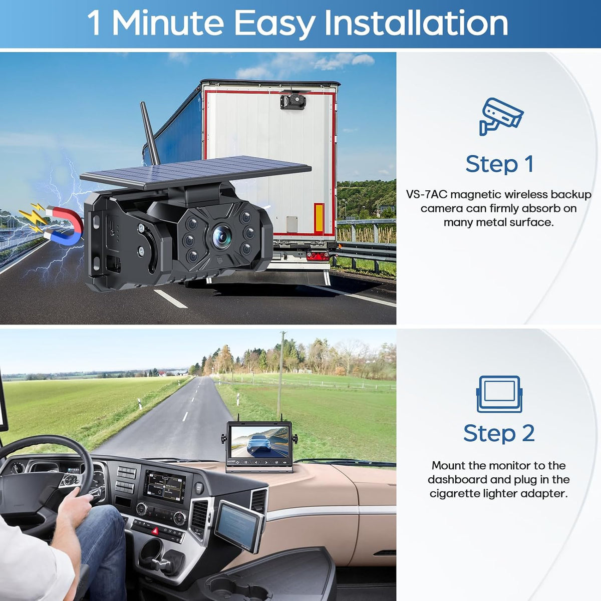 Magnetic Solar Wireless Backup Camera No Installation VASTEND 7'' Rear View Camera for Car No Delay 10000mAh Rechargeable RV Backup Camera 1080P for Truck Trailer Camper (VS-7A) - PuriLite