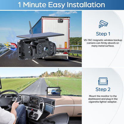 Magnetic Solar Wireless Backup Camera No Installation VASTEND 7'' Rear View Camera for Car No Delay 10000mAh Rechargeable RV Backup Camera 1080P for Truck Trailer Camper (VS-7A) - PuriLite