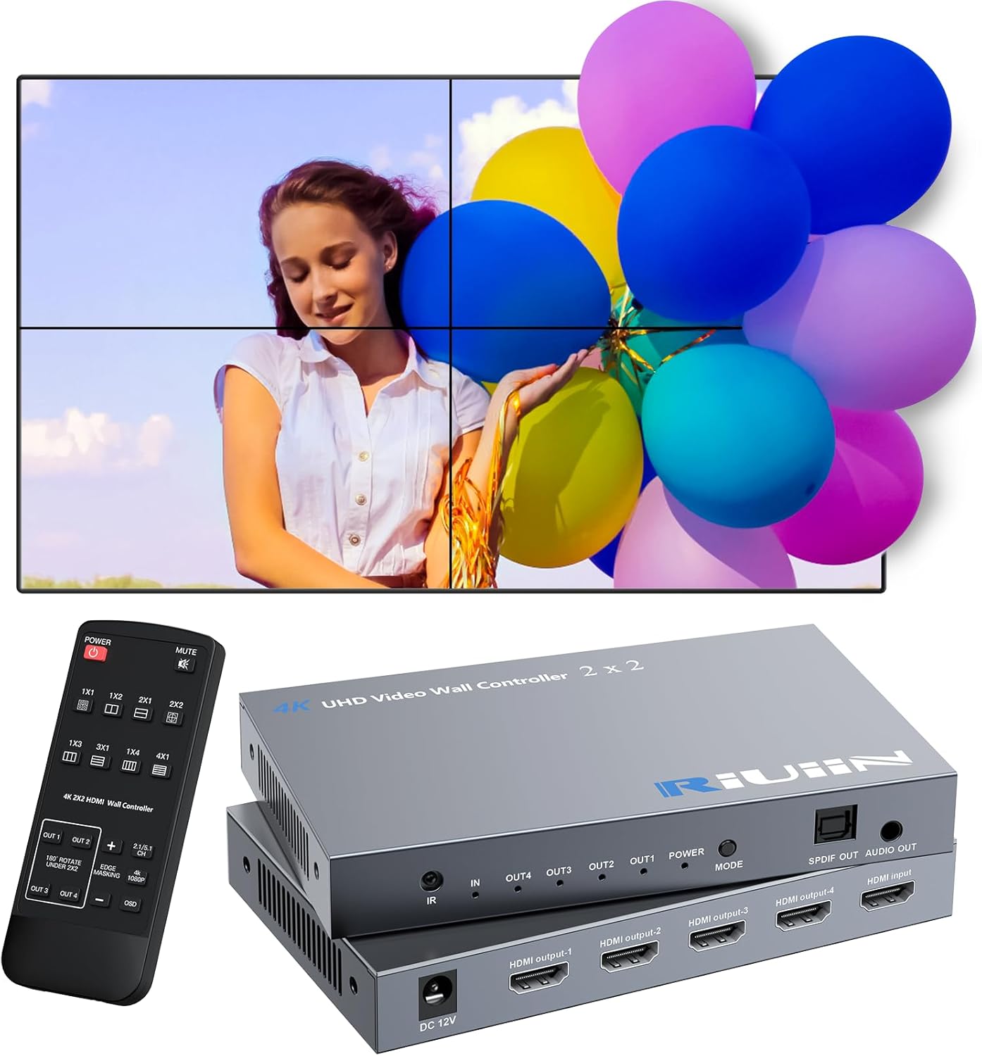 HDMI Video Wall Controller, RIUIIN TV Wall Controller, 4K TV Wall Processor, 180° Rotation, Audio, IR Remote, 2x2,1x2,1x3,1x4,2x1,3x1,4x1, Make 4 tv Screens into Wall Display - PuriLite