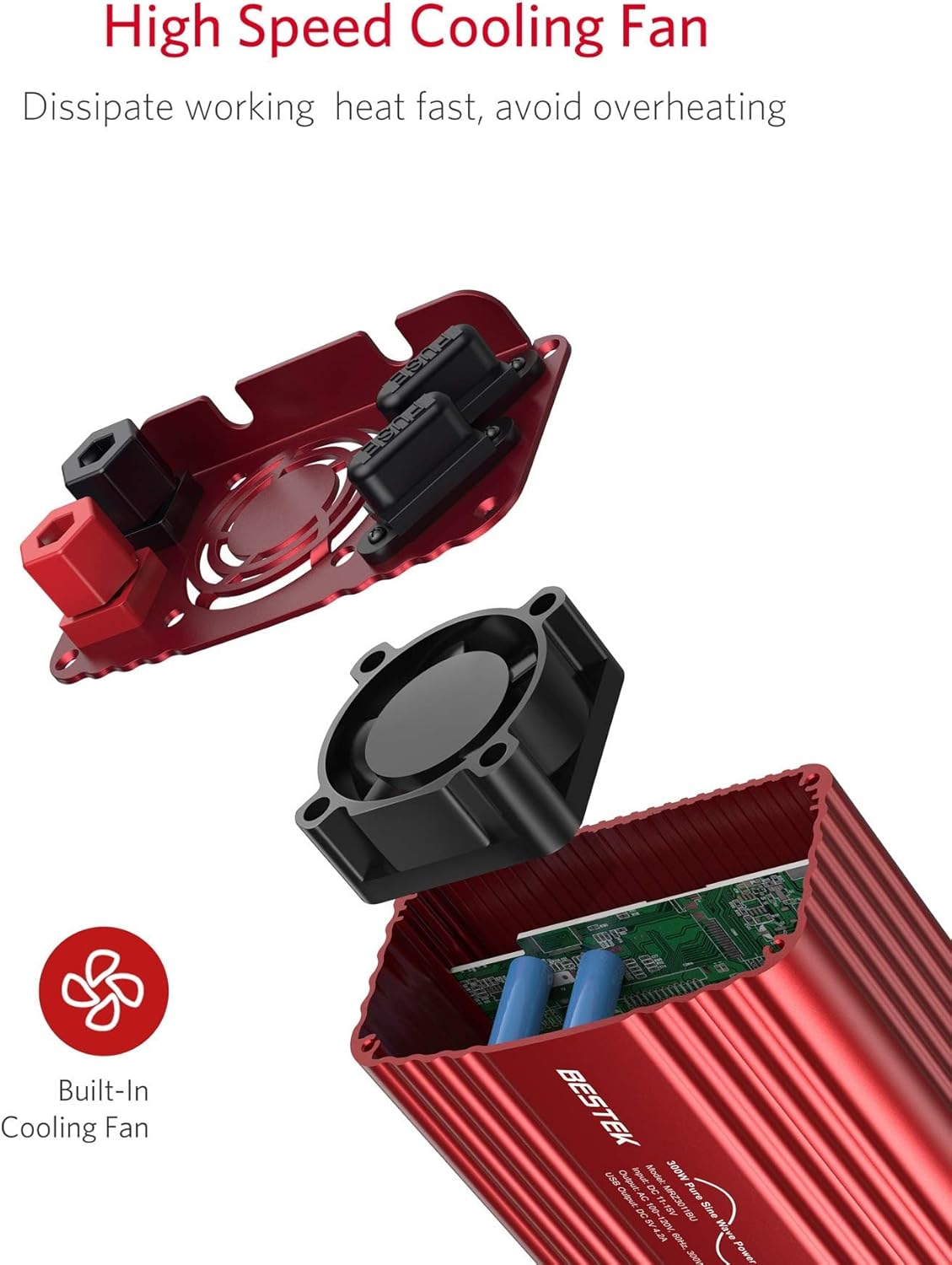 BESTEK 300Watt Pure Sine Wave Power Inverter - DC 12V to AC 110V Car Plug Inverter Adapter, Power Converter with 4.8A Dual USB Charging Ports and 2 AC Outlets Car Charger - PuriLite