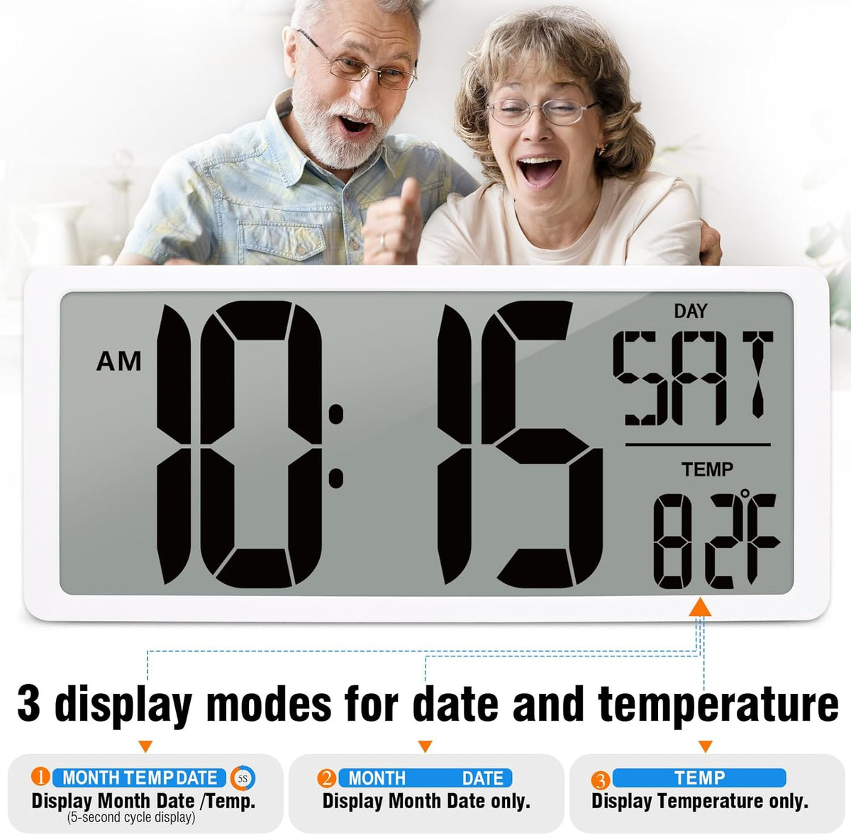 KMMKGG 15" Large Digital Wall Clock Battery Operated, Digital Clock Display with Day, Date & Temperature, Large Wall Clock for Bedroom, Livingroom, Office(4.6" Numbers) - PuriLite