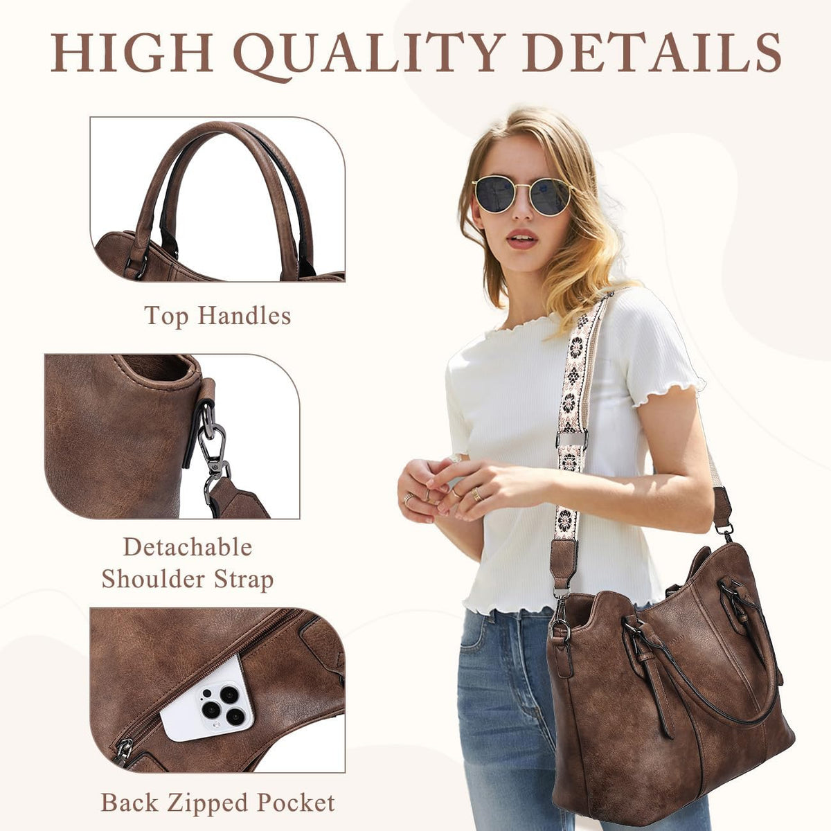 Hobo Bags for Women,VASCHY Vegan Leather Handbag Purse Top Handle Satchel Boho Shoulder Bag with Crossbody Guitar Strap - PuriLite