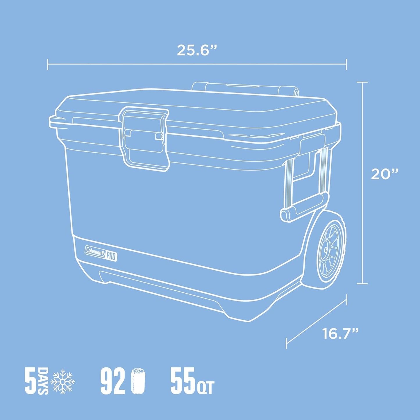 Coleman Pro Heavy-Duty Ultra-Light Premium Hard Cooler, 92/74/36-Can Capacity, Extra-Thick Insulation Keeps Ice up to 5/4/3 Days, 55-Quart Wheeled Cooler or 45/25 qt (No Wheels), Blue Sky - PuriLite