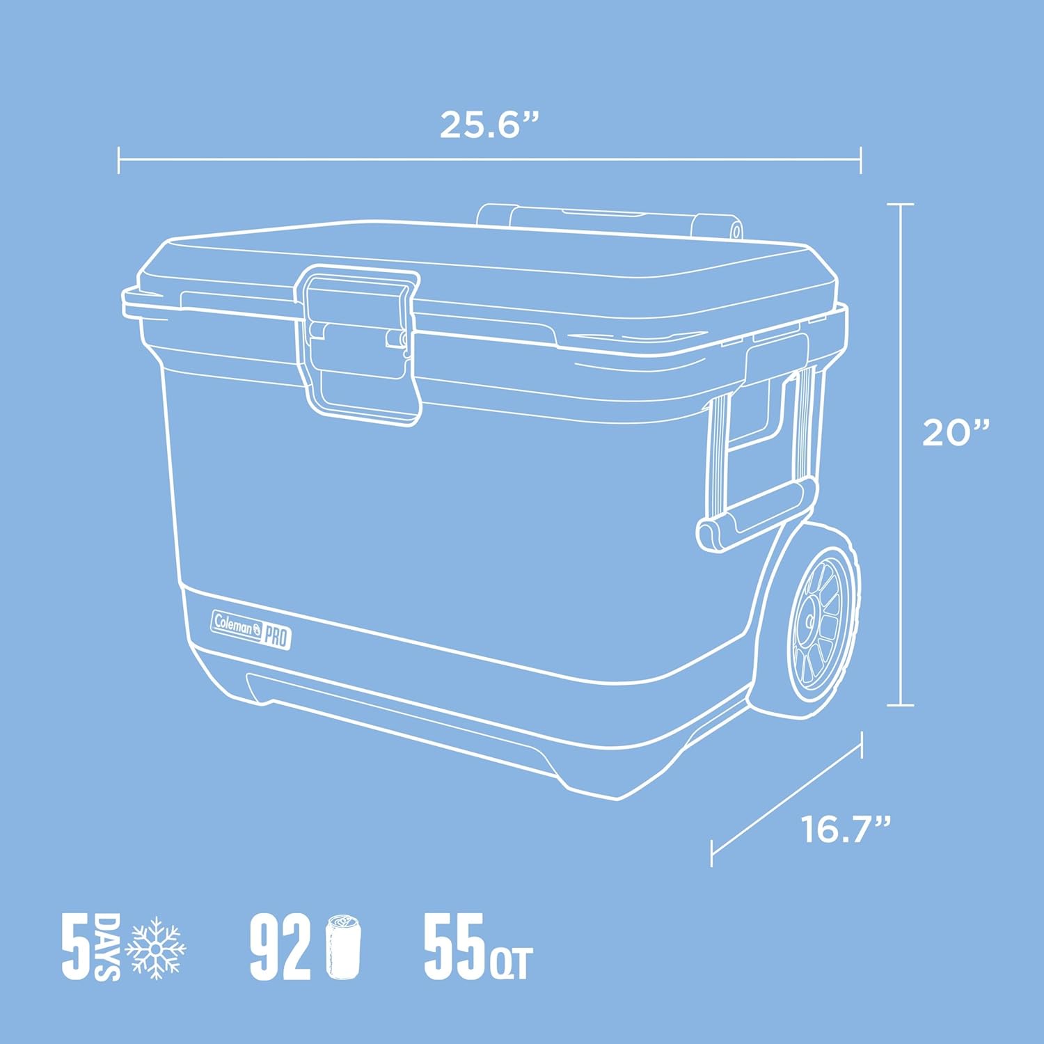 Coleman Pro Heavy-Duty Ultra-Light Premium Hard Cooler, 92/74/36-Can Capacity, Extra-Thick Insulation Keeps Ice up to 5/4/3 Days, 55-Quart Wheeled Cooler or 45/25 qt (No Wheels), Blue Sky - PuriLite