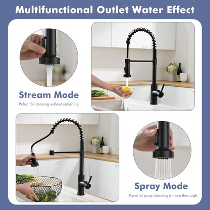 GIMILI Matte Black Kitchen Faucet with LED Light,Single Hole Spring Kitchen Sink Faucet with Pull Down Sprayer - PuriLite