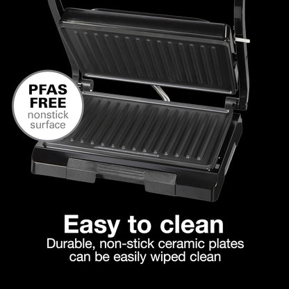 Proctor Silex 4 Serving Panini Press, Sandwich Maker and Compact Indoor Grill, Upright Storage, Easy Clean Nonstick Grids, Black (25440PS) - PuriLite