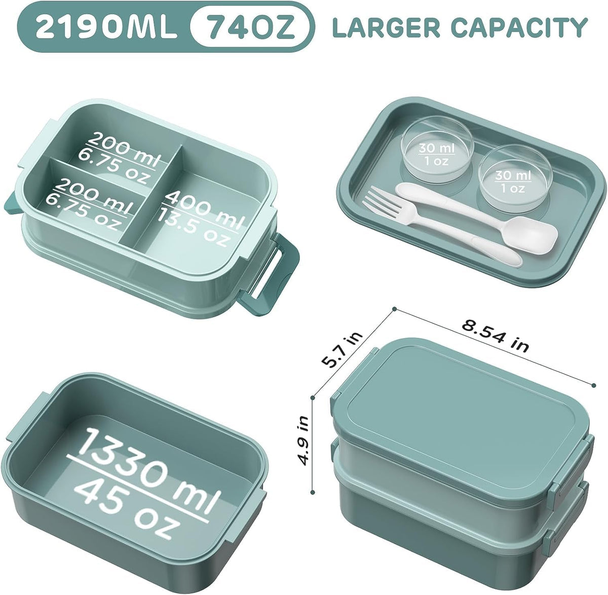 JSCARES Lunch Box Adults Bento Box - All-in-One Stackable 74 OZ Lunch Box Containers for Adult Large Bento Box with Fork Spoon Sauce Boxes, Leakproof Lunchbox for Work School Dining Out (Green) - PuriLite