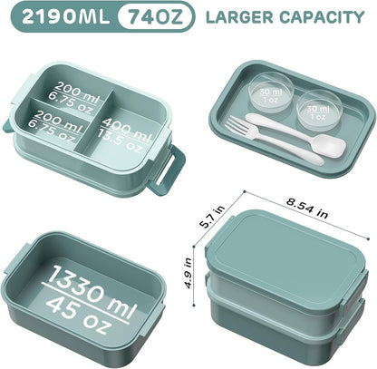 JSCARES Lunch Box Adults Bento Box - All-in-One Stackable 74 OZ Lunch Box Containers for Adult Large Bento Box with Fork Spoon Sauce Boxes, Leakproof Lunchbox for Work School Dining Out (Green) - PuriLite